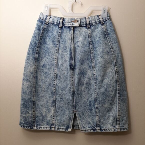 Vintage Chic High Waisted Knee Length Stonewash Acid Wash Denim Skirt Small - Picture 6 of 10